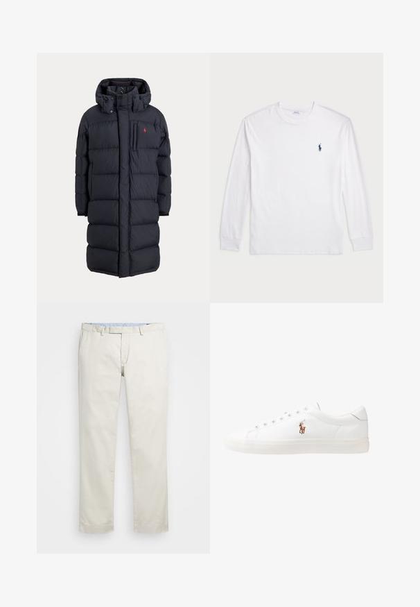 Mörkblå vadderad jacka med avtagbar huva, horisontell quiltning, dragkedja framtill och en bröstficka med en liten logotyp på framsidan.; Vit långärmad T-shirt tillverkad av bomull. Har en rund halsringning, ribbade ärmslut och en liten marinblå polo-logotyp på vänster bröst.; Beige bomullskinos med rak framdel, bältesöglor och sidofickor. Rakt ben med en slät textur och en lätt, andningsbar känsla.; Vita lädersneakers, låg design, med en slät yta, rund tå, snörning fram och en liten broderad logotyp på sidan.