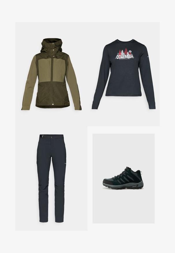 Olivově zelená bunda se strukturovaným designem, disponující dvouvrstvou kapucí, patentními knoflíky a dvěma velkými náprsními kapsami. Hladká textura.; Tmavě šedá dlouhá košile s grafikou červených stromů a hor; logo "COLUMBIA" v tučném bílém písmu. Měkká tkanina, standardní kulatý výstřih.; Pánské outdoorové kalhoty, tmavě šedé, vyrobené z flexibilního materiálu, s pásem, zipovými kapsami a vyztuženým švem.; Columbia REDMOND - Trekingové boty - black/citron haze