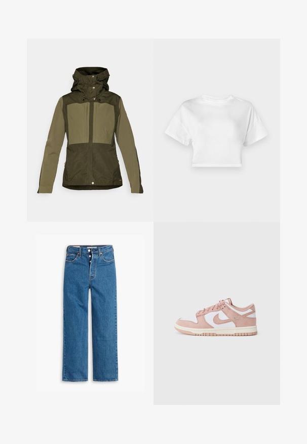 Olive groene jas met een gestructureerd ontwerp, voorzien van een dubbele capuchon, drukknoopsluiting en twee grote borstzakken. Soepele textuur.; Witte cropped t-shirt van katoen. Korte mouwen, ronde halslijn, gladde textuur, casual ontwerp zonder patronen of versieringen.; Blauwe denim jeans met rechte pijpen en hoge taille, vijf zakken en een knoopsluiting. Merkbare stiksels en koperen klinknagels.; Sneaker heeft een bovenwerk van zacht roze suede, witte leren panelen en een gestructureerde rubberen zool. Opvallend swoosh-logo aan de zijkanten, vetersluiting.