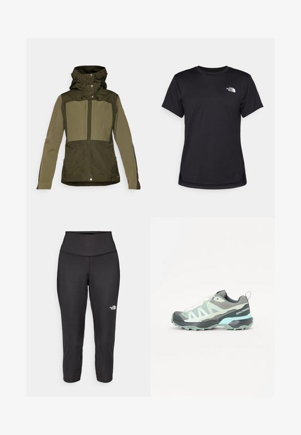 Olive green jacket with a structured design, featuring a double-layer hood, snap buttons, and two large chest pockets. Smooth texture.; The North Face FLEX SHORT SLEEVES TEE - Sports T-shirt - black; Black capri leggings made from stretchy fabric, featuring a high waistband and a small white logo on the left side. Smooth texture.; Lightweight trail running shoe in gray and mint green. Features mesh upper, durable rubber sole, and lacing system. Brand logo on heel.