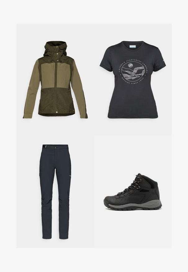 Olivovo zelená bunda so štruktúrovaným dizajnom, ktorá má dvojitú kapucňu, patentky a dve veľké náprsné vrecká. Hladká textúra.; Čierne tričko Columbia s bielou kruhovou grafikou hory a rieky a textom "Columbia Sportswear Company vonku od roku 1938."; Pánske outdoorové nohavice, tmavo šedé, vyrobené z flexibilného materiálu, s opaskom, so zipsovými vreckami a vystuženým šitím.; Čierna turistická obuv s polovičným strihom, s textúrovaným zvrškom, šedými akcentmi a odolnou gumovou podrážkou s protišmykovými hrebienkami.