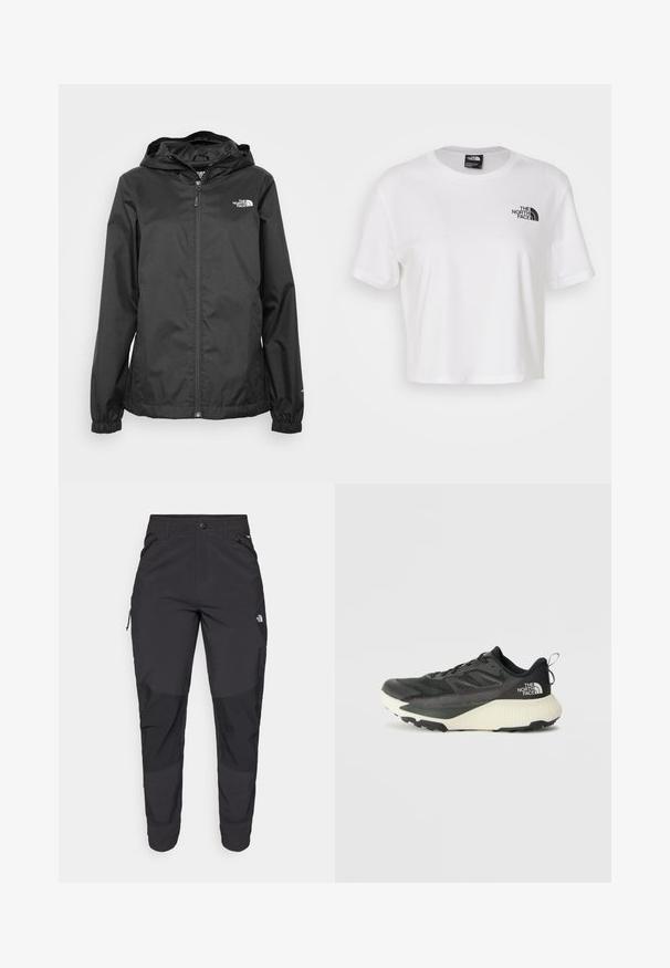 Jachetă neagră impermeabilă cu fermoar în față, manșete elastice și glugă. Prezintă un mic logo alb în partea stângă sus a pieptului.; Tricou scurt alb din bumbac, cu guler rotund și mâneci scurte. Prezintă un logo negru pe pieptul stâng.; Pantaloni de exterior negri, dintr-un material rezistent. Prezintă buzunare cu fermoar, panouri întărite pentru genunchi și un design drept pentru mobilitate.; Pantofii sport negri cu un superior texturat, având accente gri și o talpă intermediară albă. Include un sistem de prindere și un logo de marcă proeminent pe călcâi.