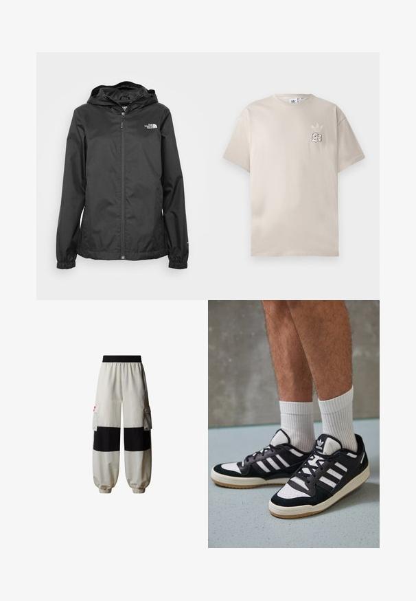 Schwarze wasserdichte Jacke mit Reißverschluss vorne, elastischen Bündchen und Kapuze. Mit einem kleinen weißen Logo im oberen linken Brustbereich.; Beige Baumwoll-T-Shirt mit Rundhalsausschnitt, kurzen Ärmeln und einem dezenten Grafiklogo auf der linken Brust. Weicher Stoff, schlichtes Design.; The North Face HIMALAYAN - Cargohose - white dune tnf black; Schwarz-weiße Sneaker mit einem Obermaterial aus Wildleder und Leder, ausgestattet mit drei weißen Streifen, einer perforierten Zehenpartie und einer Sohle aus Gummi.