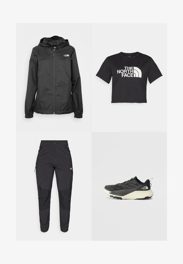 Schwarze wasserdichte Jacke mit Reißverschluss vorne, elastischen Bündchen und Kapuze. Mit einem kleinen weißen Logo im oberen linken Brustbereich.; Schwarzes, tailliertes T-Shirt aus Baumwolle mit einem weißen Logo mit geschwungenen Akzenten und dem Text "THE NORTH FACE" auf der Vorderseite. Kurze Ärmel, Rundhalsausschnitt.; Schwarze Outdoor-Hosen aus strapazierfähigem Material. Verfügen über Reißverschlusstaschen, verstärkte Knieeinsätze und ein gerades Design für Beweglichkeit.; Schwarzer Sportschuh mit strukturiertem Obermaterial, ausgestattet mit grauen Akzenten und einer weißen Zwischensohle. Enthält eine Zuglasche und ein markantes Markenlogo an der Ferse.