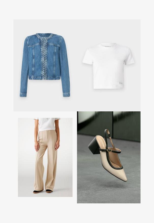 Denim jakk, millel on punutud esidetail, klassikaline krae ja pikad varrukad. Lõpetatud helesinise pesuga ja esi-taskutega.; Valge lühike t-särk, mis on valmistatud siledast puuvillast, kõrge kaelusega ja lühikeste varrukatega. Väike tikand logoga alumises nurgas.; Bežid laiad püksid, mis on valmistatud siledast kangast, esiosaga voldid ja kõrge vöökoht. Kombineeritud mustade ja pruunide lamedate kingadega.; Beesidega teravatoe slingback king, musta äär ja kuldne pandla, tummise plokk-kontsa peal hallil põrandal tumesinise tausta ees.