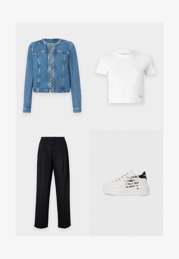 Denim jacket featuring a braided front detail, classic collar, and long sleeves. Finished in a light blue wash with front pockets.; White cropped t-shirt made of smooth cotton, featuring a high neckline and short sleeves. Small embroidered logo in the bottom corner.; Black trousers with a tailored design, featuring a high waist, pleats, and straight leg cut. Made from smooth fabric with a solid color.; White platform sneakers with black accents, featuring a textured sole and handwritten text on the sides. Smooth leather material.