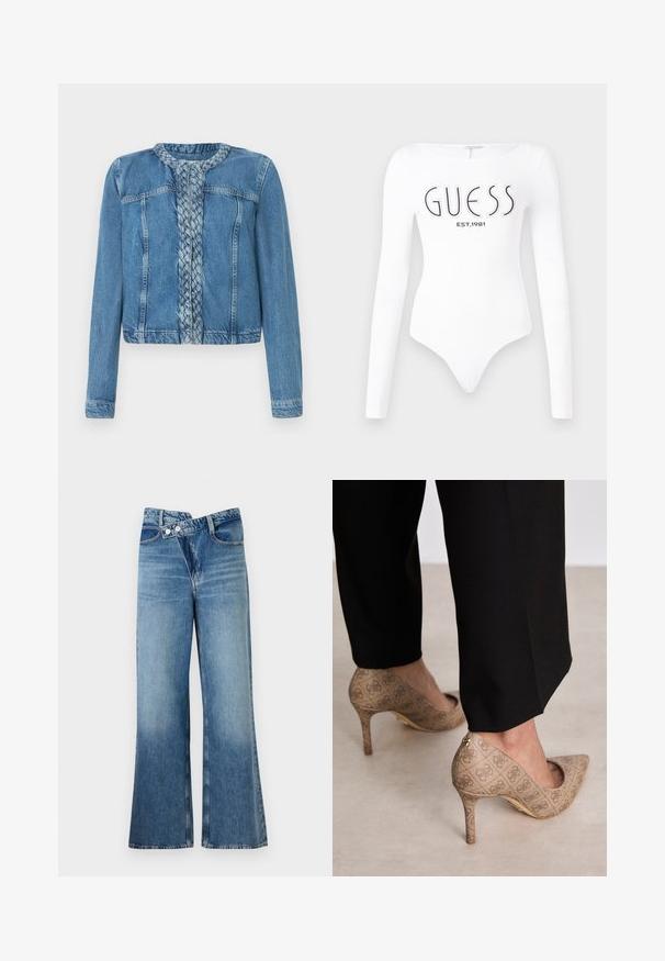 Farmerdzseki fonott elülső részletekkel, klasszikus gallérral és hosszú ujjakkal. Világoskék mosással készült, elülső zsebekkel.; Hosszú ujjas, fehér body, kerek nyakkivágással. Elöl a "GUESS" logó és az "EST.1981" felirat fekete színben látható. Sima textúrával rendelkezik.; Világoskék, harang szabású farmernadrág magas derékkal, két gombbal és elülső zsebekkel. Az anyag megjelenése kopott, apró eltérésekkel.; Beige magassarkú cipők texturált anyagból, ismétlődő mintával. Hegyes orrú kialakítás, hátsó díszítéssel és arany sarkú részlettel.