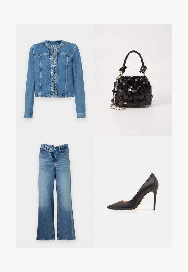 Farkkutakki, jossa on leikattu etupinta, klassinen kaulus ja pitkät hihat. Viimeistelty vaaleansiniseksi pesuksi, etutaskut.; Valkoinen pitkähiha bodysuit, jossa on pyöreä pääntie. Edessä mustalla painettuna "GUESS" -logo ja "EST.1981". Sujuva rakenne.; Vaaleansiniset farkut, joissa on leveät lahkeet ja korkea vyötärö. Farkuissa on kaksi nappia ja etutaskut. Kankaan pinta on kulunut ja siinä on hienovaraisia sävy-eroja.; Musta nahkainen korkeakorkoinen pumpun malli, jossa on terävä kärki ja sileä rakenne, ohut korko ja minimalistinen muotoilu.; Mustan paljetti-minilaukku, jossa on solmittu teksturoidu hihna ja hopeaketju. Pyöreä muoto, joissa on rypistetty yläosa ja heijastava yksityiskohta.