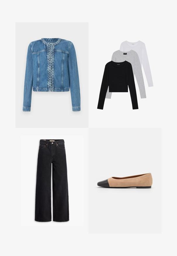 Denim jakk, millel on punutud esidetail, klassikaline krae ja pikad varrukad. Lõpetatud helesinise pesuga ja esi-taskutega.; Kolm pikkade varrukatega toppi, mis on üksteise peale asetatud: must, hall ja valge. Igal ühel on ümar kaelus ja lühike disain, valmistatud siledast, kergekaalulisest kangast.; Mustad laiad teksad, mis on valmistatud denimist, viie tasku, vase nuppe ja klassikalise nööbiga kinnitusega. Sile tekstuur ja puhas disain.; Beežist nubukist balletkingad musta nahast ümara ninaotsaga, madala kanna ja siledaga, millel on minimaalne õmblus ja lihtne disain.