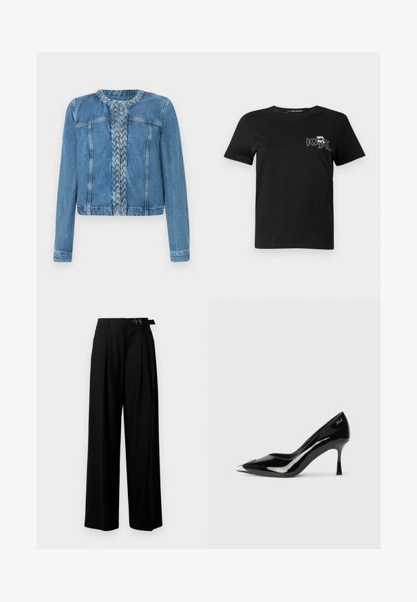 Džinsinis švarkas su pintu priekiu, klasikinio tipo apykakle ir ilgomis rankovėmis. Baigtas šviesiai mėlynu atspalviu, su priekinėmis kišenėmis.; Juodas trumpomis rankovėmis marškinėliai, pagaminti iš medvilnės. Puošia balta grafika su tekstu "KARL" ir stilizuotu figūra ant krūtinės. Apvalus iškirpimas.; Juodos plačios kojų kelnės su aukštu liemeniu, priekinėmis klostėmis ir diržu su sagtimi. Pagamintos iš lygaus, lengvo audinio.; Juoda lakinė odinė batų pora su smailiu pirštu, sidabriniu metaliniu užmašu ir plonu kulnu. Išskirtinė sklandi, blizgi apdaila ir subtilus logotipo detalė.