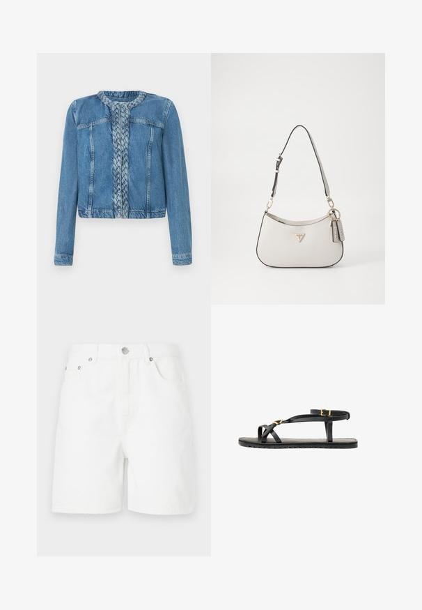 Denim jaka ar bizētu priekšpusi, klasisku apkakli un garām piedurknēm. Pabeigta gaismas zilā tonī ar priekšējiem kabatām.; Gaiši dzeltena kokvilnas bez piedurknēm blūze ar ribotām faktūrām, apaļu apkakli un platām plecu siksnām. Karājas taisni bez rotājumiem.; Baltas džinsa šorti ar taisnu piegriezumu, ar priekšējiem kabatām un pogu aizdari. Audumam ir gluda tekstūra un nav redzamu rakstu.; Melni ādas sandales ar plāniem siksniņām un ar sprādzi regulējamu potīšu siksnu. Plakans zole ar teksturētu virsmu un zigzaga malu. Minimalistisks dizains.; Balta teksturēta soma ar izliekta formu, zelta aksesuāriem, noņemamu siksnu un logotipa akcentu. Iekļauj taustiņu piekariņu ar zīmola nosaukumu.