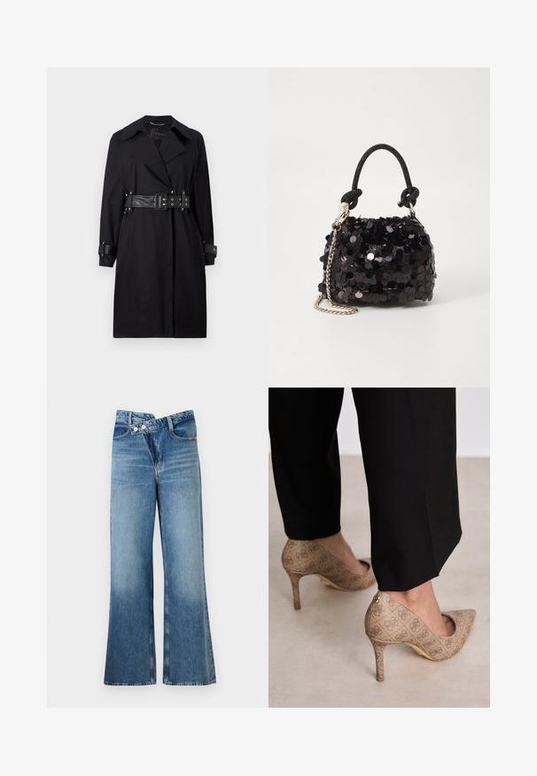 Black trench coat with a belted waist, wide collar, and buttoned cuffs. Made from a smooth fabric with a minimalist design and no patterns.; Black long-sleeve bodysuit featuring a large white "GUESS" logo across the front. Made of soft, stretchy fabric with a fitted silhouette.; Light blue denim flared jeans with a high waist, featuring two buttons and front pockets. Fabric has a faded texture with subtle variations.; Beige high-heeled shoes with a textured fabric featuring a repeating pattern. Pointed toe design with a back accent and gold heel detail.; Black sequin mini handbag with a knotted textured strap and silver chain. Rounded shape with gathered top and reflective detailing.