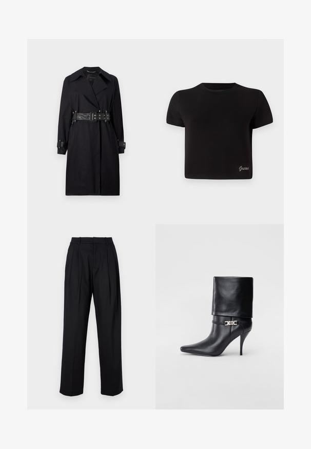 Juodas tranšėja su diržu juosmenyje, plačiais apykaklėmis ir sagomis ant rankovių. Pagaminta iš lygaus audinio, minimalistinio dizaino ir be raštų.; Juodas, trumpomis rankovėmis medvilnės marškinėliai. Turi apvalų iškirpimą ir mažą sidabrinį "Guess" logotipą apatiniame kairiajame kampe.; Juodos kelnės su pritaikytu dizainu, turinčios aukštą liemenį, raukšles ir tiesius džinsus. Pagamintos iš lygaus audinio, vienos spalvos.; Juodos odinės kulkšninių botų su smailiu nosiu, aukštu stiletto kulnu, apvyniojamu kraštu ir auksine dekoratyvine sagtimi prie kulkšnies.