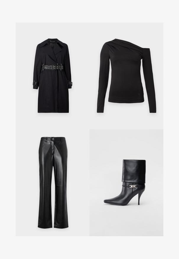 Crni trench kaput s remenom u struku, širokim ovratnikom i dugmadi na manžetama. Napravljen od glatkog materijala s minimalističkim dizajnom i bez uzoraka.; Crni dugi rukav vrh s asimetričnom izrezom, s jednim ramenom otkrivenim i nježnim drapiranjem preko grudnog dijela.; Crne kožne hlače ravnog kroja, s prednjim zatvaranjem na dugme, petljama za remen i glatkom, sjajnom teksturom.; Crna kožna gležnjača s šiljastim prstom, visokim stiletto potplatom, preklopnim rubom i zlatnom dekorativnom kopčom na gležnju.
