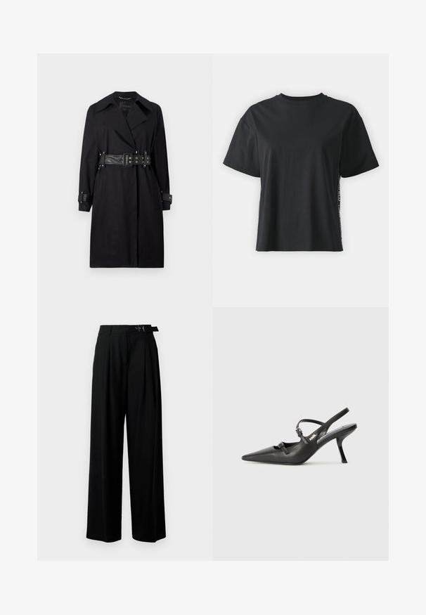 Črni plašč z pasom, širokim ovratnikom in gumba na zapestjih. Narejen iz gladke tkanine z minimalnim dizajnom in brez vzorcev.; Črna bombažna majica s kratkimi rokavi, sproščenega kroja z kontrastnim stranskim panelom, ki vsebuje majhne besedilne in oblikovne podrobnosti.; Črne široke hlače z visokim pasom, gubami spredaj in pasom z zaponko. Narejene so iz gladkega, lahkega materiala.; Črne usnjene sandale na peto s koničastim nosom, vitko peto in okrasno zaponko na sprednjem delu. Gladka tekstura in eleganten dizajn.