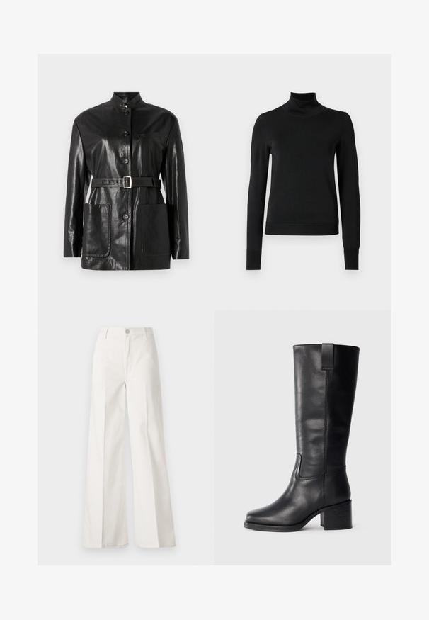 Schwarze Lederjacke mit hohem Kragen, Knopfverschluss, Gürtel mit silberner Schnalle und zwei Fronttaschen. Glatte, glänzende Textur und taillierte Passform.; Schwarzer Langarmrollkragenpullover mit gerippten Bündchen und Saum, auf einem schlichten weißen Hintergrund präsentiert.; Weiße weite Hosen aus Baumwolle mit glatter Textur. Sie verfügen über einen vorderen Knopf, einen Reißverschluss und ein Design mit vier Taschen.; Schwarze Lederstiefel bis zum Knie mit glatter Oberfläche, quadratischer Spitze, Blockabsatz und seitlichem Zugband, mit minimalistischen Nähdetails.