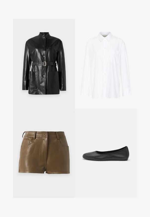 Crna kožna jakna s visokim ovratnikom, dugmetima sprijeda, remenom s srebrnom kopčom i dva prednja džepa. Glatka, sjajna tekstura i krojeni dizajn.; Bijela košulja dugih rukava s kragnom, izrađena od pamuka. Ima kopčanje s gumbima sprijeda i jednu džep na prsima. Glatka tekstura, ležeran kroj.; Dugi rukav bijela majica od rebrastog pamuka, s okruglim izrezom i ravnim rubom. Jednostavan dizajn bez uzoraka ili naglasaka.; Smeđe kratke hlače od umjetne kože s pripijenim dizajnom, elastičnim pojasom s petljicama za remen, prednjim džepovima i vidljivim šavovima.; Crne kožne baletanke s zaobljenim vrhom, glatke teksture, minimalnim detaljima šavova i fleksibilnim dizajnom potplata.