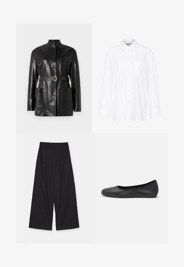 Musta nahkatakki, jossa on korkea kaulus, nappikiinnitys, hopeinen solki vyössä ja kaksi etutaskua. Su smooth ja kiiltävä pinta sekä räätälöity muotoilu.; Valkoinen pitkähihainen kauluspaita, joka on valmistettu puuvillasta. Paidassa on napitettava etuosuus ja yksi rintatasku. Pehmeä pinta, rento malli.; Mustat leveälahkeiset housut, jotka on valmistettu sileästä kankaasta. Niissä on korkea vyötärö, etupuolella laskokset, nappikiinnitys ja suora leikkaus.; Musta nahkainen ballerina, jossa on pyöristetty kärki, sileä pinta, minimaalinen ommelkoristelu ja joustava pohjamuotoilu.