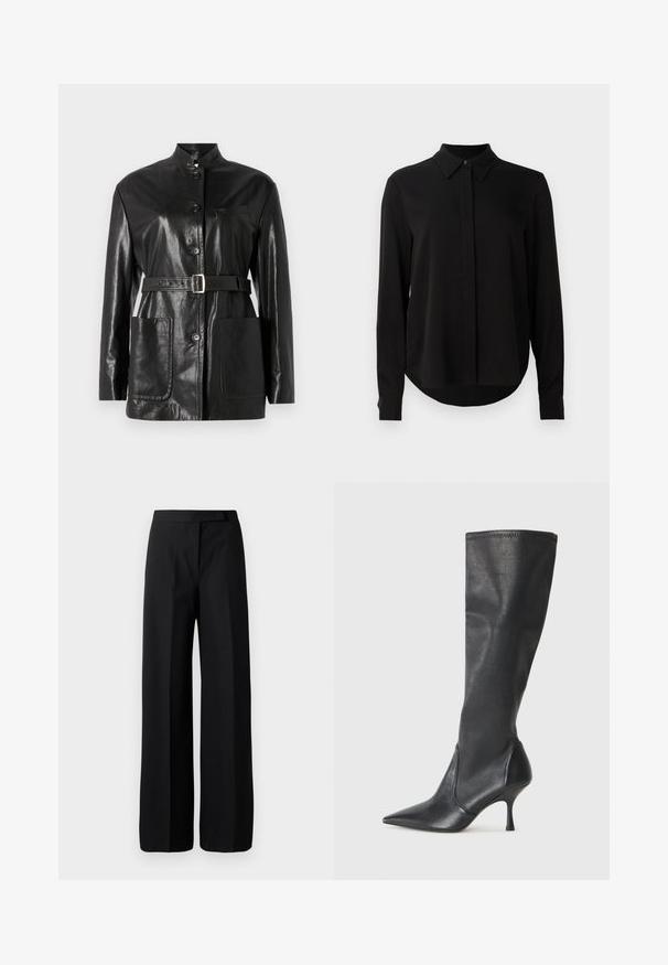 Crna kožna jakna s visokim ovratnikom, dugmetima sprijeda, remenom s srebrnom kopčom i dva prednja džepa. Glatka, sjajna tekstura i krojeni dizajn.; Crna bluzica dugih rukava s oštrim ovratnikom, skrivenim kopčanjem i zakrivljenim rubom na jednoj bijeloj pozadini.; Hlače širokih nogavica crne boje sa glatkom, mat teksturom. Ravan pojas bez vidljivih dodataka ili uzoraka. Jednostavan i elegantan dizajn.; Čizme od crne kože visine do koljena s šiljastim nosom i uskim stiletto potpeticama. Glatka tekstura s tijesnim dizajnom i šavovima na gornjoj ivici.