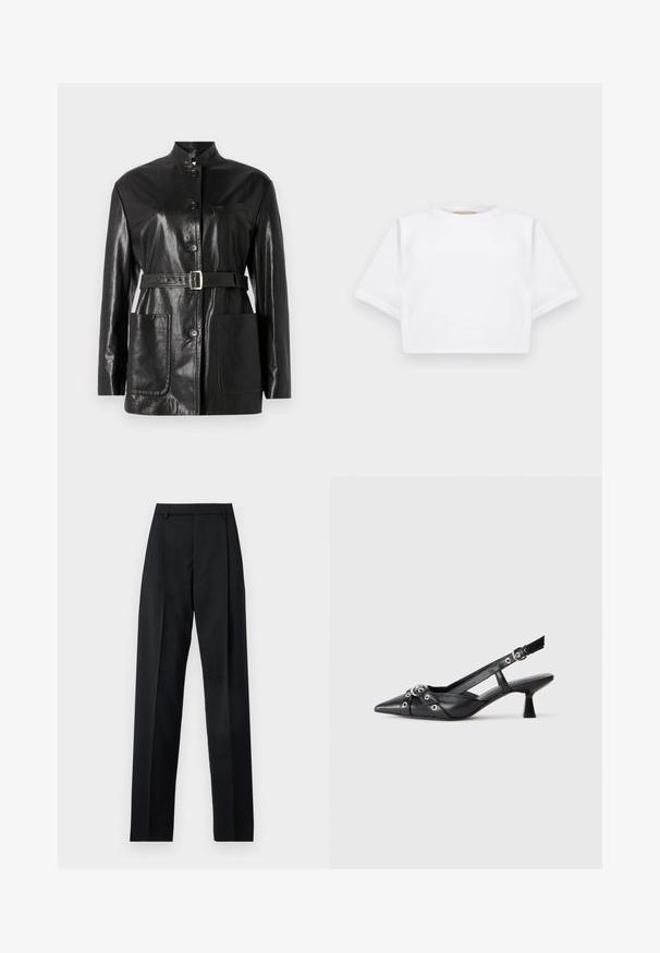 Giacca in pelle nera con colletto alto, chiusura a bottoni, cintura con fibbia argentata e due tasche frontali. Texture liscia e lucida con un design su misura.; T-shirt bianca cropped realizzata in tessuto morbido, con maniche corte, scollo rotondo e dettagli a costine sull'orlo. Design semplice e senza fronzoli.; Pantaloni neri realizzati in tessuto morbido, caratterizzati da vita alta, gambe larghe, pince frontali e classiche passanti per cintura. Non ci sono tasche laterali visibili.; Scarpa slingback nera in pelle con punta affusolata, cinturini decorativi con occhielli metallici e tacco basso a blocco. Superficie testurizzata.