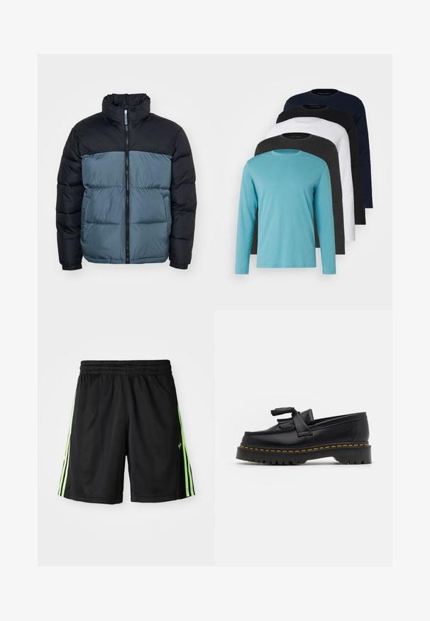 Piepildīta jaka ar melnu augšējo daļu un pelēk-zilu apakšējo daļu, ar augstu apkakli un pilnu priekšējo rāvējslēdzēju. Visā virsmā ir strukturēts audums.; Pieci garie piedurkņu T-krekli rindā: tirkīza, melna, balta, tumši pelēka un jūras zila. Mīksts audums ar apaļu kakla izgriezumu un standarta piegriezumu.; Melnas sporta bikses ar elastīgu jostu, kurām katrā pusē ir divas vertikālas neona zaļas svītras un neliels logo kreisajā priekšpusē.; Melnas ādas mokasīni ar pērlītēm uzsvaru, ar masīvu melnu zoli un dzeltenu šuvumu gar malu. Ar teksturētu apdari.