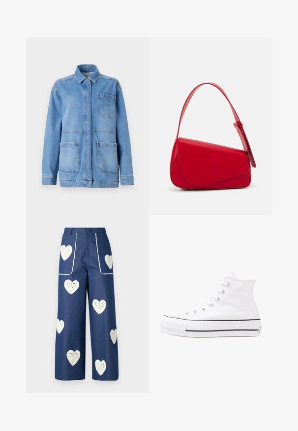 Világoskék farmerdzseki, gallérral, elöl gombos záródással és két nagy patcolt zsebbel. Jellemzője a látható varrás és a laza szabás.; Virágmintás blúz hosszú puffos ujjakkal, világos krém alapon, lila, narancs és zöld virágmintázattal, klasszikus gallér dizájnnal.; Sister Jane HEART TO HEART - Egyenes szárú farmer - blue denim; Fehér magaskorsó vászon sportcipő fekete gumi talppal, elülső gumi orrnyereggel és hat fűzőlyukkal, letisztult, minimalista dizájnnal.; Piros bőr kézitáska szögletes, geometrikus kialakítással. Egy állítható pánttal és varrott részletekkel ellátott fedélzárral rendelkezik.