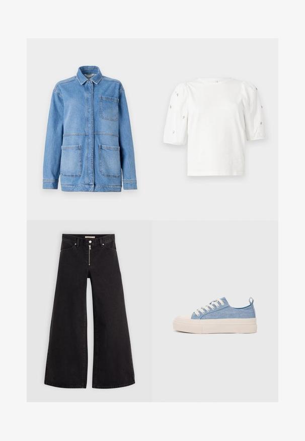 Chaqueta de mezclilla azul claro con collar, cierre delantero de botones y dos grandes bolsillos de parche. Presenta costuras visibles y un ajuste holgado.; Camiseta de algodón blanca con mangas cortas tipo globo, que presenta pequeños adornos plateados en las mangas. Cuello redondo clásico, corte holgado.; Jeans de pierna ancha en denim negro con cierre frontal, diseño de cinco bolsillos y detalles de costura sutiles. Textura suave y estilo casual.; Zapatillas de lona azul claro con una puntera y suela de goma crema, que cuentan con cordones blancos y una lengüeta en el talón.