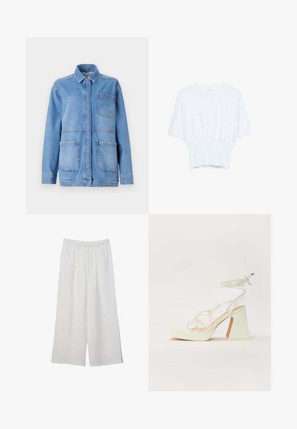 Svetlomodrá denimová bunda s golierom, predným zapínaním na gombíky a dvoma veľkými nášivkovými vreckami. Obsahuje viditeľné švy a voľný strih.; Biela krátka T-shirt s voľným strihom a zlaceným textúrou v oblasti pása. Vyrobená z mäkkého, ľahkého materiálu.; Biele široké nohavice z ľahkého materiálu s elastickým pásom a šnúrkou na nastavenie veľkosti. Hladká textúra.; Biele sandále na vysokom opätku s hrubým podpätkom, s pruhovaným dizajnom a viazaním na členku. Hladký povrch s platformou vpredu pre zvýšenú výšku.