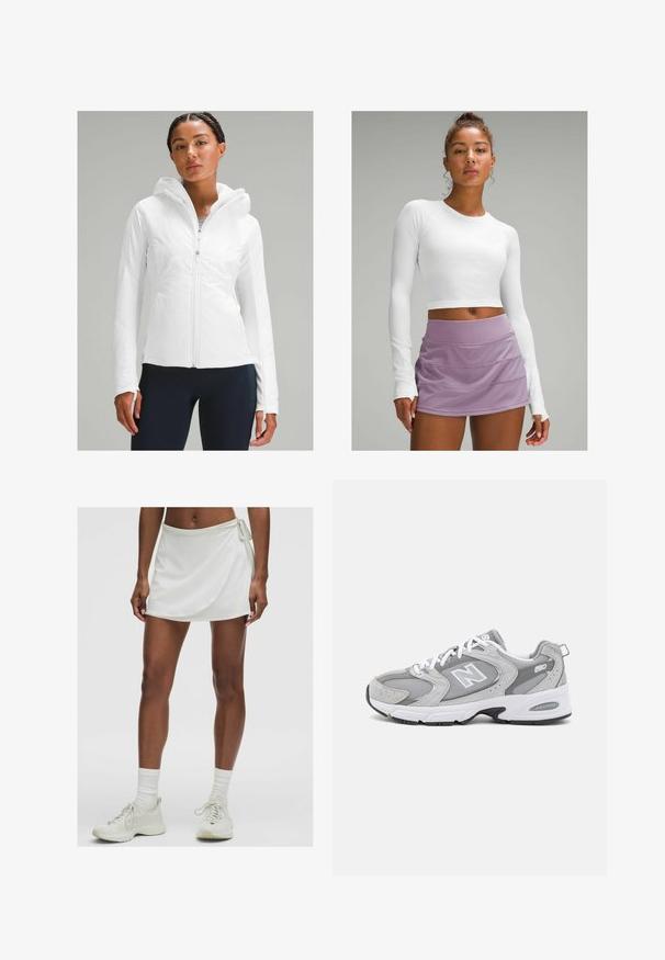 Witte lichtgewicht ritsjack met een capuchon, voorzien van een gestructureerde afwerking en duimgaten in de mouwen. Gecombineerd met marineblauwe leggings.; Witte lange mouwen crop top van textuurstof, gecombineerd met een lavendel, gelaagde sportrok. Gladde, strakke pasvorm zonder zichtbare patronen.; Witte sportrok met een wikkelontwerp, gemaakt van gladde stof. Bevat een strik aan de zijkant en wordt gecombineerd met lichtgekleurde sneakers en sokken.; Grijze sportieve schoenen met een bovenwerk van mesh en suede, witte veters en een zwarte buitenzool. Voorzien van een opvallend "N"-logo en een gevoerde kraag.