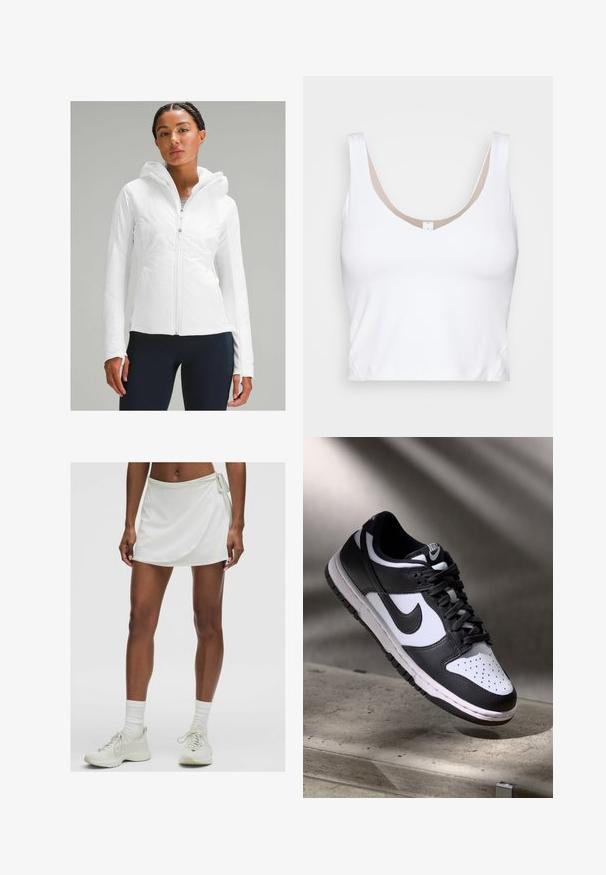 Bela lahko jakna z zadrgo in kapuco, z teksturiranim zaključkom in odprtinami za palce na rokavih. V kombinaciji z mornarsko modrimi leginami.; Bela kratka majica s širokim rameničkami in sploščenim izrezom. Narejena iz gladkega, razteznega materiala z bež podlogo na izrezu.; Bela atletska krila s preklopnim dizajnom, izdelana iz gladkega blaga. Ima zavezovanje na strani in je kombinirana s svetlimi športnimi copati in nogavicami.; Črno-bel Nike Dunk Low čevelj z usnjenim zgornjim delom, perforiranim prstnim delom in črnimi vezalkami, z belim podplatom in logotipnimi detajli.