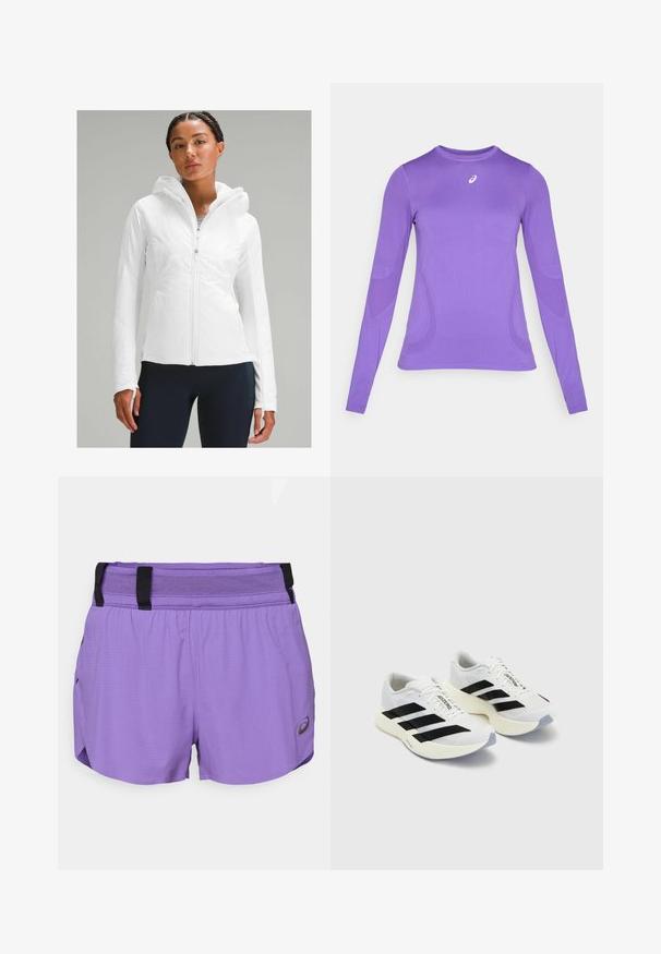 Balta lengva zip-up striukė su gobtuvu, pasižyminti tekstūruotu paviršiumi ir nykščių angomis rankovėse. Suderinta su tamsiai mėlynomis leggingais.; Ilga rankovė sportinė palaidinė šviesiai purpurinės spalvos audinio, pasižyminti prigludusia siluetu, apvalia iškirpte ir subtiliu raštu bei logotipo detale ant krūtinės.; ASICS METARUN SPLIT SHORT - Sportiniai šortai - edo purple; Balti sportiniai bateliai su juodomis juostomis ir ženklinimu, turintys tinklelio viršutinę dalį, apvalų pirštą ir storą grietinę spalvos padą, skirtą amortizacijai.