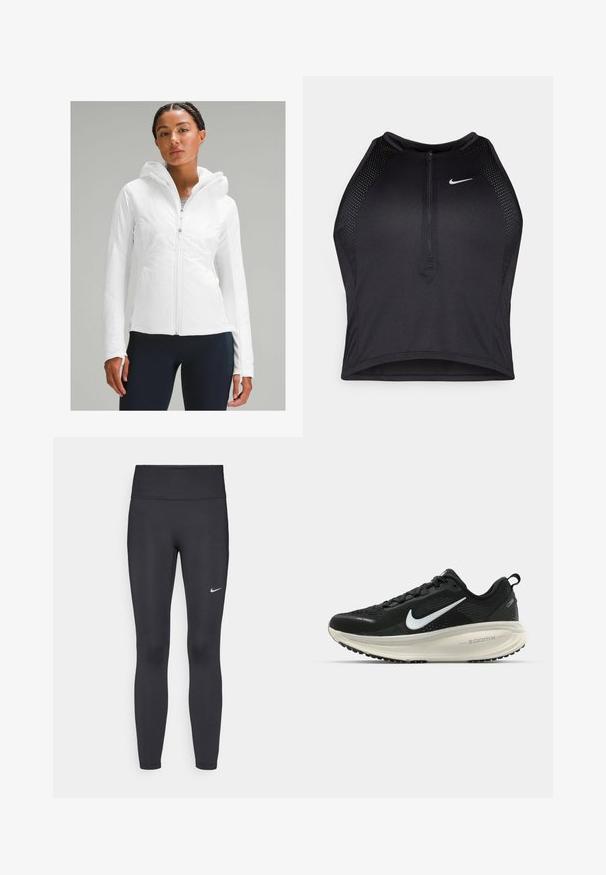 Witte lichtgewicht ritsjack met een capuchon, voorzien van een gestructureerde afwerking en duimgaten in de mouwen. Gecombineerd met marineblauwe leggings.; Zwarte atletische crop top met een rits aan de voorkant, mesh accenten en een aansluitend ontwerp. Gemaakt van rekbare, ademende stof. Nike-logo aan de voorkant.; Zwarte legging van rekbare stof met een hoge tailleband en een wit Nike-logo op de linkerdij. Gladde textuur, aansluitend ontwerp.; Zwarte Nike hardloopschoen met ademend mesh bovenwerk, witte swoosh-logo, gestructureerde details en een crèmekleurige ZoomX middenzool.