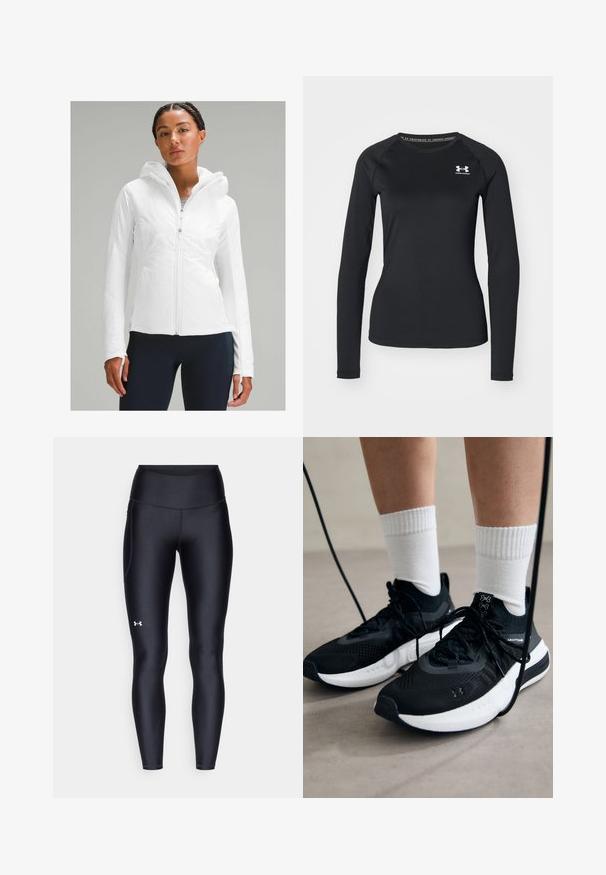 Bijela lagana jakna na kopčanje sa kapuljačom, s teksturiranom površinom i otvorima za palčeve na rukavima. Uparena s tamnoplavim tajicama.; Crna termo majica dugih rukava od glatkog materijala, s okruglim izrezom i malim bijelim logotipom na lijevoj strani prsnog koša.; Crne tajice izrađene od glatkog, rastezljivog materijala s visokim strukom. Imaju bijeli logo na lijevom butu i prilagođen dizajn.; Crne atletske cipele s teksturiranim materijalom, bijelim potplatima i crnim vezicama. Nosene s bijelim rebrastim čarapama, stojeći na svijetloj površini.