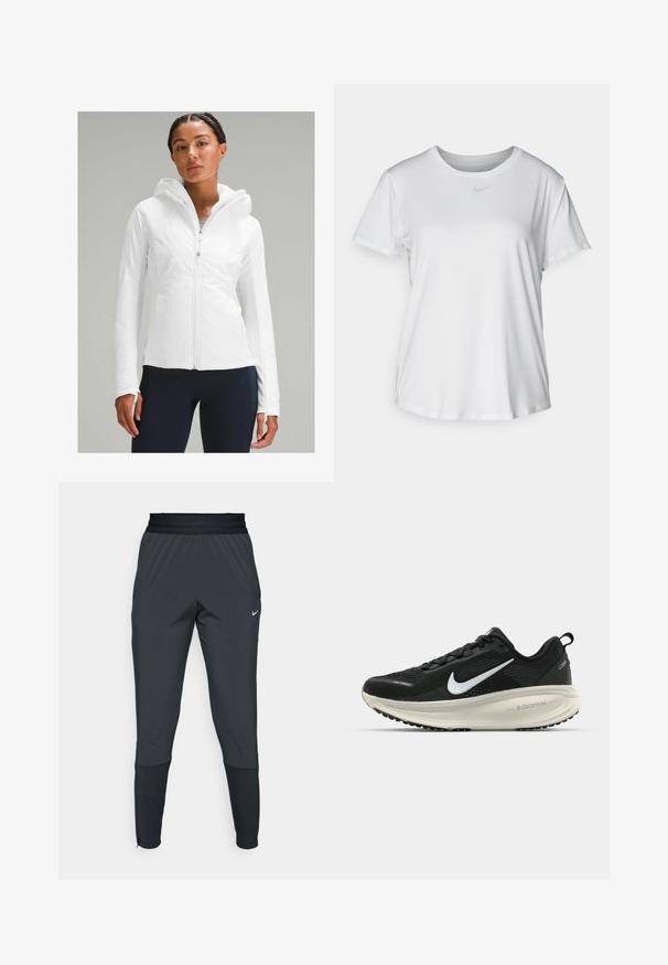 Veste légère blanche à fermeture éclair avec capuche, dotée d'une finition texturée et de passes-pouces dans les manches. Associée à des leggings navy.; T-shirt blanc à manches courtes en tissu lisse, avec un col rond et un petit logo Nike gris sur la poitrine.; Pantalons de sport Nike en gris foncé, avec une coupe fuselée, une taille élastique et des détails accentués près des poignets.; Baskets de course noir Nike avec tige respirante en mesh, logo swoosh blanc, détails texturés et semelle intermédiaire ZoomX de couleur crème.