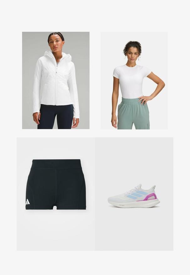 Giacca leggera bianca con zip e cappuccio, caratterizzata da una finitura testurizzata e aperture per il pollice nelle maniche. Abbinata a leggings blu navy.; T-shirt bianca aderente con maniche corte, abbinata a pantaloni con elastico in vita di colore verde chiaro. Texture liscia, design minimalista e nessun motivo visibile.; Pantaloni sportivi neri realizzati in tessuto elasticizzato, con vita alta, forma aderente e logo Adidas bianco sul lato sinistro.; adidas Performance PUREBOOST 5 - Scarpe da corsa su strada - white/glow blue/purple burst