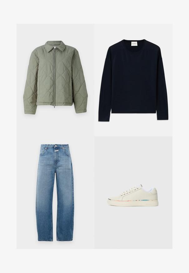 Green quilted jacket with a zip closure, featuring a collared neck and rounded shapes. Textured material, relaxed fit, and elastic cuffs.; Navy long-sleeve crewneck top in soft, smooth fabric with a relaxed fit. Features ribbed cuffs and hem, label at neck.; Light blue denim jeans, high-waisted, with a straight-leg cut. Features classic five-pocket design and metal button closure.; Off-white low-top sneaker with lace-up design, white interior lining, and subtle multicolor trim along the sole edge, side view.