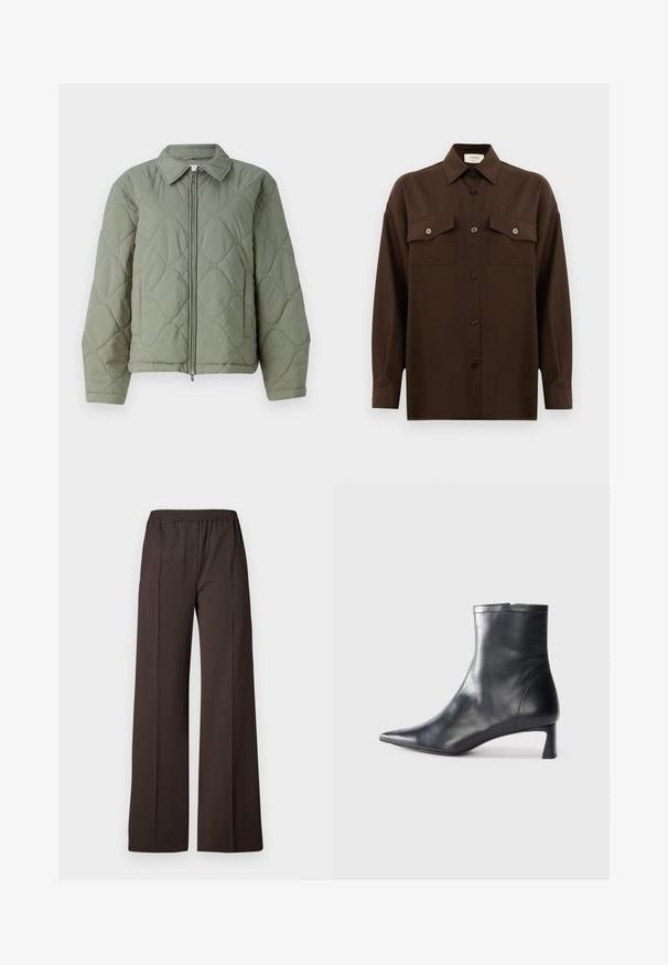 Giacca trapuntata verde con chiusura a zip, caratterizzata da un collo a collare e forme arrotondate. Materiale testurizzato, vestibilità comoda e polsini elasticizzati.; Camicia marrone scuro a maniche lunghe con bottoni, dotata di due tasche a pattina sul petto e colletto classico, mostrata su uno sfondo bianco uniforme.; Pantaloni a gamba larga in tessuto marrone scuro con vita elastica, caratterizzati da una superficie liscia e linee pulite per un look elegante.; Stivaletto in pelle nera con punta affusolata e design elegante. Presenta un tacco basso e una chiusura con zip sul retro. Texture liscia.