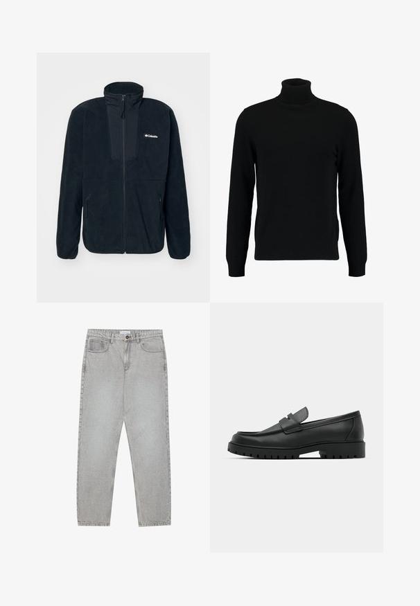 Columbia SEQUOIA GROVE™ FULL ZIP - Fliisjakk - black/ancient fossil; Musta kõrge kaelusega kampsun, mis on valmistatud pehmest kudumist materjalist. Omab pikki varrukaid, soonikpitsiga kaela- ja alumist äärt. Lihtne ja sujuv disain ilma mustriteta.; Heledad hallide denimpüksid otse säärekujundusega, viie-taskulise stiliseerimise ja nupukinnitusega. Nähtav õmblus kõrvuti.; Mustad musta nahast loafers, millel on ümar varvas, tikandiga disain, madal platvorm-soon ja tekstureeritud, soonikkummist välistald.