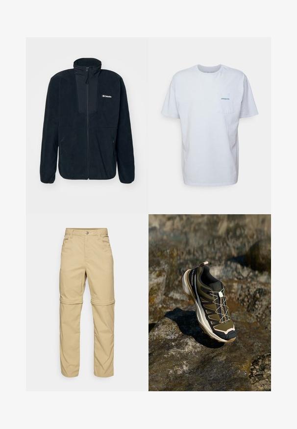 Columbia SEQUOIA GROVE™ FULL ZIP - Fleecejacka - black/ancient fossil; Vit bomulls t-shirt med korta ärmar, rund hals och ett vänster bröstficka med en blå "Patagonia"-logotyp. Klassisk passform med en slät textur.; Beige zip-off byxor med en mjuk textur, som har två sidfickor, en knappstängning och uppvikbara muddar för mångsidighet.; Vandringsskor i olivgrönt och svart med rosa detaljer. Har en texturerad ovandel, flexibel sula, förstärkt tåhätta och en färgglad snörningssystem.