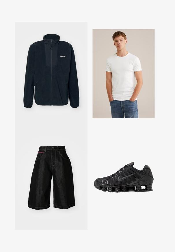 Columbia SEQUOIA GROVE™ FULL ZIP - Fliisjakk - black/ancient fossil; Noor mees lühikeste lokkis juustega, seljas lihtne valge lühikeste varrukatega t-särk ja sinised teksad, seisab käed taskutes.; Mustad denim lühikesed püksid laia jalaga, viie taskuga, nööbiga kinnitusega ja kontrastsete õmblustega. Ühel taskul on punane aksent.; Mustad mustus spordijalgpalli king, millel on võrkkonstruktsioon ja sünteetiline pealis, ribakujundus, paelad ning paks tallaga, kus on nähtavad pehmendusüksused.