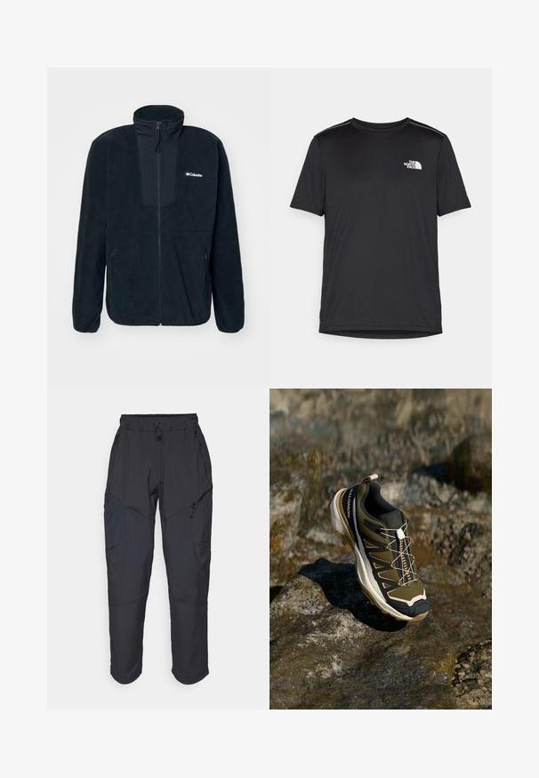 Columbia SEQUOIA GROVE™ FULL ZIP - Flisinė striukė - black/ancient fossil; Juodas trumpas rankovės marškinėliai, pagaminti iš lengvos medžiagos. Yra mažas baltas logotipas kairiajame krūtinės pusėje ir subtilūs pečių akcentai.; Juodos krovinių kelnės, pagamintos iš lengvos, vandeniui atsparios medžiagos; turi elastingą juosmenį, kelis užtrauktukais uždaromus kišenes ir siaurėjančius šonus.; Žygio batai olivų žalios ir juodos spalvos su rožiniais akcentais. Turi tekstūruotą viršutinę dalį, lankstų pado tipą, sustiprintą pirštų dalį ir spalvingą raištelių sistemą.