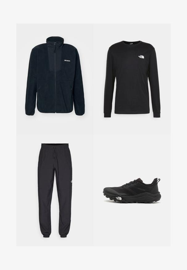 Columbia SEQUOIA GROVE™ FULL ZIP - Flisinė striukė - black/ancient fossil; Juoda džemperis ilgomis rankovėmis, pagamintas iš medvilnės, su baltu logotipu kairėje krūtinės pusėje ir pūstomis rankogaliais. Lygus paviršius su apykakle.; Juodos sportinės kelnės, pagamintos iš lengvos medžiagos, su raišteliu liemens srityje, šoniniais kišenėmis ir siaurėjantys apykaklės prie kulkšnies.; Juoda bėgimo batai su tekstūruotu paviršiumi, guma padais ir sustiprinta pirštų dalimi. Yra paminkštinta apykaklė ir kilpos, leidžiančios lengvai užsidėti.