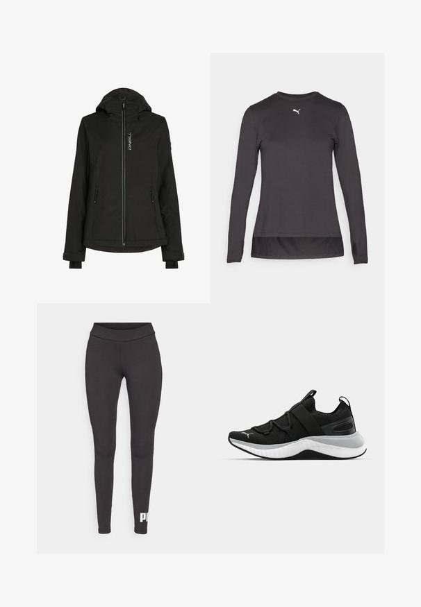 Must mustangaga kapuutsiga must isoleeritud jope, millel on ees lukku, kaks küljetaskut, reguleeritavad mansetid ja logo rinnal. Sujuv tekstuur.; Mustmust särgmine mustade pikkade varrukatega sportlik särk, ümar kaelus, millel on rinnal väike valge logo ja varrukate otstes sõrmeaugud. Sile tekstuur.; Mustad mustriga retuused, mis on valmistatud venivast kangast. Neil on kõrge vöökoht ja vasakul säärel on valge logo trükitud. Siledad tekstuur.; Must have tekstuuriga ülemise osaga mustad spordijalatsid, elastsete rihmade ja paksu valge vaheosaga. Omab halli aktsenti talla ääres.