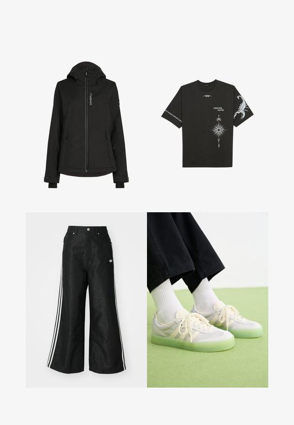 Sort isoleret jakke med hætte, der har en frontlynlås, to sidelommer, justerbare manchetter og et logo på brystet. Glat tekstur.; Sort bomulds T-shirt med hvide grafiske prints, herunder en skorpion og abstrakte designs. Korte ærmer; rund halsudskæring.; Sorte vide denim bukser med tre hvide striber på hver side og et lille hvidt logo. Indeholder forlommer og en knaplukning.; Lysfarvede sneakers med overdel i ruskind og mesh, der har tre sidelabel, flade snørebånd og en gennemsigtig grøn gummisål.