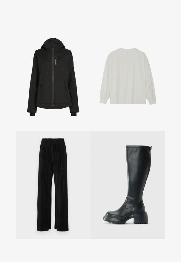 Black insulated jacket with a hood, featuring a front zipper, two side pockets, adjustable cuffs, and a logo on the chest. Smooth texture.; Light gray long-sleeve t-shirt made of soft cotton. Features a loose fit, round neckline, and gently gathered cuffs. No patterns or graphics.; Black pleated trousers with an elastic waistband. Features wide legs and a smooth, textured fabric with vertical stripes.; Tall black leather boot with chunky platform sole and block heel, featuring pull tab and textured tread on outsole.