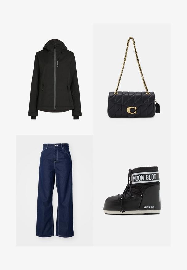 Zwarte geïsoleerde jas met een capuchon, voorzien van een ritssluiting aan de voorkant, twee zijzakken, verstelbare manchetten en een logo op de borst. Gladde textuur.; Witte lange mouw turtleneck top gemaakt van glad, elastisch materiaal. Voorzien van een hoge kraag en een getailleerd ontwerp, zonder zichtbare patronen of versieringen.; Wijd-uitlopende jeans in donkerblauwe denim, met een hoge taille, contrasterende witte stiksels en een traditionele vijf-pocket ontwerp.; Zwarte Moon Boot met een gevoerde bovenkant, bevestigd met veters en een kenmerkende witte band met het logo. Dikke, gestructureerde rubberen zool.; Zwarte, gequiltte handtas met een gouden kettingband, uitgerust met een onderscheidende gouden sluiting en een klein label, die een gestructureerde leren oppervlakte toont.