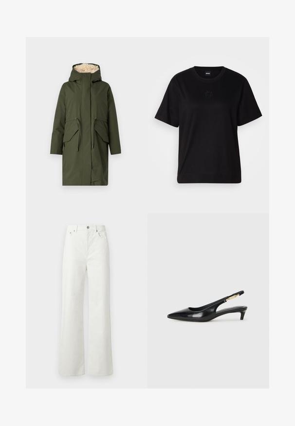 Oliivroheline parka, millel on lambanahast vooder ja kapuuts, kaks eesmist taskut ning reguleeritavad paelad. Sile välimine kangas ja mugav lõige.; Mustmust särk, millel on ümar kaelus, lühikesed varrukad ja tindiga tikitud logo rinnal. Lihtne, mugav lõige ilma mustriteta.; Samsøe Samsøe SHELLY - Avar lõikega teksad - clear cream; Mustad nahast slingback kontsad terava ninaga, millel on õhuke konts ja kuldse tooni aktsent reguleeritaval rihmal. Sile tekstuur.