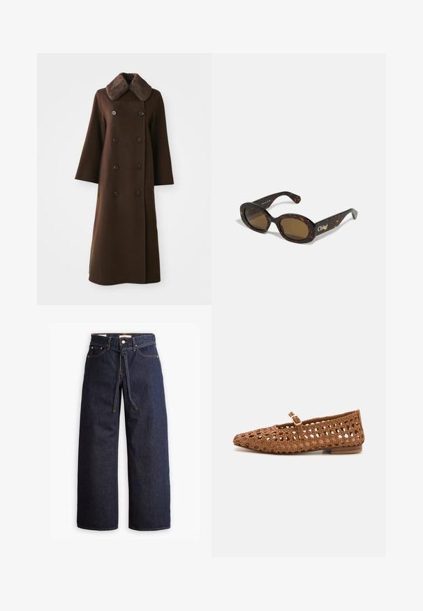 Brun dobbeltradet frakke med pelskrave, lange ærmer og lige silhuet. Har sorte knapper og blød uldlignende tekstur.; Brun strikket sweater med høj krave, raglanærmer og ribbete tekstur. Løs pasform, med en ensfarvet farve uden mønstre.; Bredde ben mørkeblå denim jeans med høj talje, der har snoretræk, fem lommer og kontrastsyet detaljer.; Vævet brun flad sko med spids tå og udskæringsdesign. Har en lille spænde strop og en lav træhæl.; Skildpaddemønstret solbriller med ovale stel, brune tonede glas og "Chloé" branding på siden. Glat plastmateriale med blank overflade.; Vævet brun lædertaske med rund form, dobbelt top håndtag og glat tekstur; har diskret syning som designdetalje.