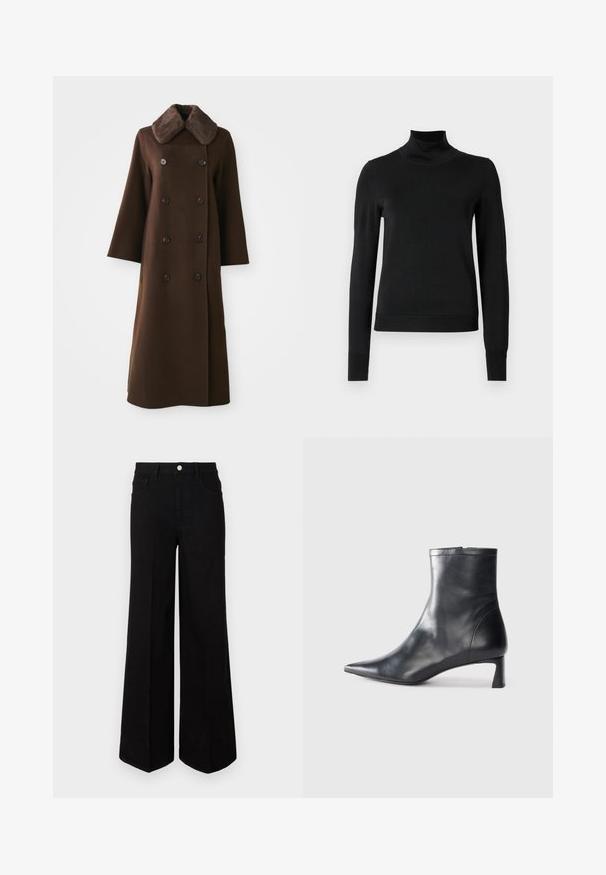 Smeđi dvostruko kopčani kaput s krznim ovratnikom, dugim rukavima i ravnim siluetom. Ima crne gumbe i mekanu teksturu nalik vuni.; Crna dugosruga majica s rolijom i rebrastim manžetama i donjim rubom, prikazana na jednostavnoj bijeloj pozadini.; Crne široke traperice od čvrstog materijala, s visokim strukom, prednjim džepovima i prednjim kopčanjem na dugme. Ravni rub na dnu.; Crne kožne gležnjače s uskim vrhom i elegantnim dizajnom. Imaju niski potpetak i zatvaranje na patentni zatvarač straga. Glatka tekstura.