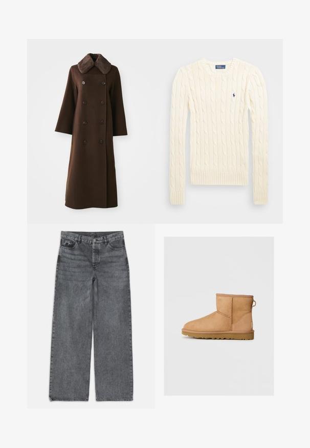 Pruun kahe nööbiga mantel karusnahkristiga, pikad varrukad ja sirge siluett. Sisaldab musti nööpe ja pehmet villa meenutavat tekstuuri.; Kreemivärvi nöörkootud sviiter pikemate varrukatega, soonikvarrukate ja alläärega, millel on vasakul rinnal väike broderi logo.; Laia püksid tumedas hallis denimis. Omavad kõrget vööd, viit taskut ning esist nööbist sulgemist. Sile pind kerge kulumisega.; Taani nahast ankle-saapad ümarate varvastega, tikandi detailide ja tagumise tõmbluku kohta, tekstuuriga kummist tallaga. Kujundatud mugavuseks ja soojuseks.